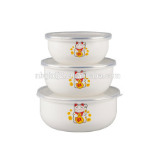 China style 3 pcs enamel ice bowl with plastic cover lucky cat